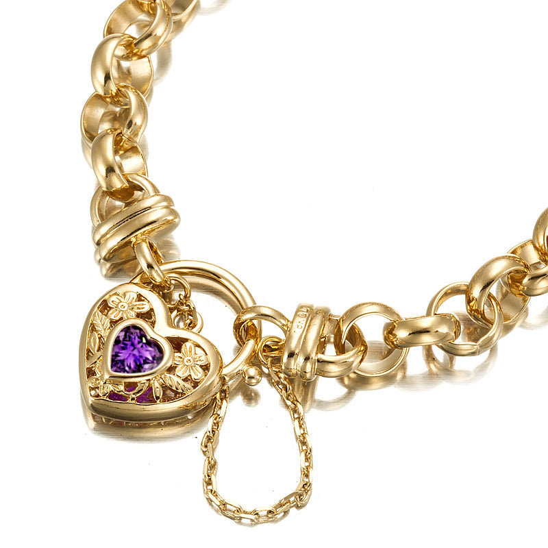 18ct Heavy Yellow Gold Plated 10mm Belcher Chain Bracelet with a Purple Filigree Locket - USA Made-2